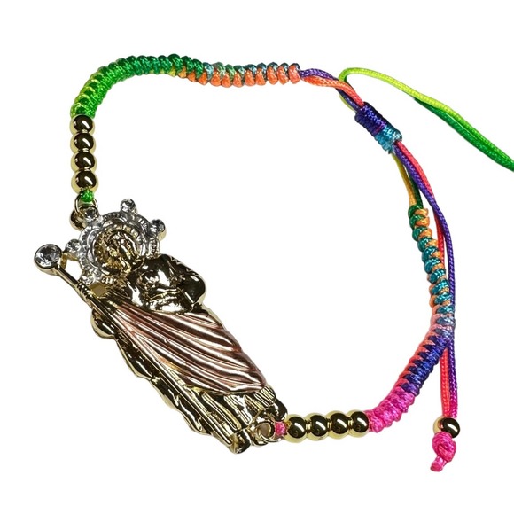 St Jude Bracelet Knotted Rope Multicolor Gold Filled Adjustable NEW - Picture 2 of 3